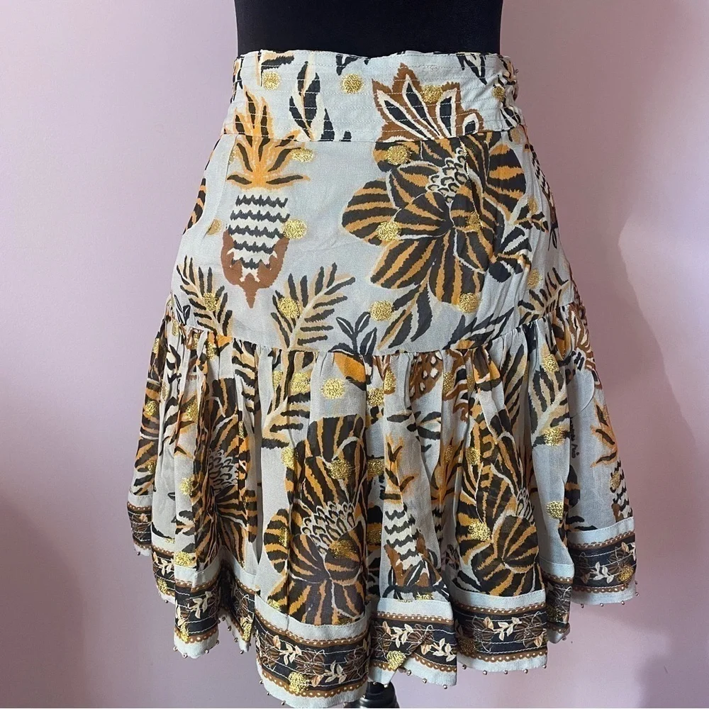 NEW! Farm Rio- Floral Tapestry Silver Blue Mini Skirt Size Medium Metallic Floun